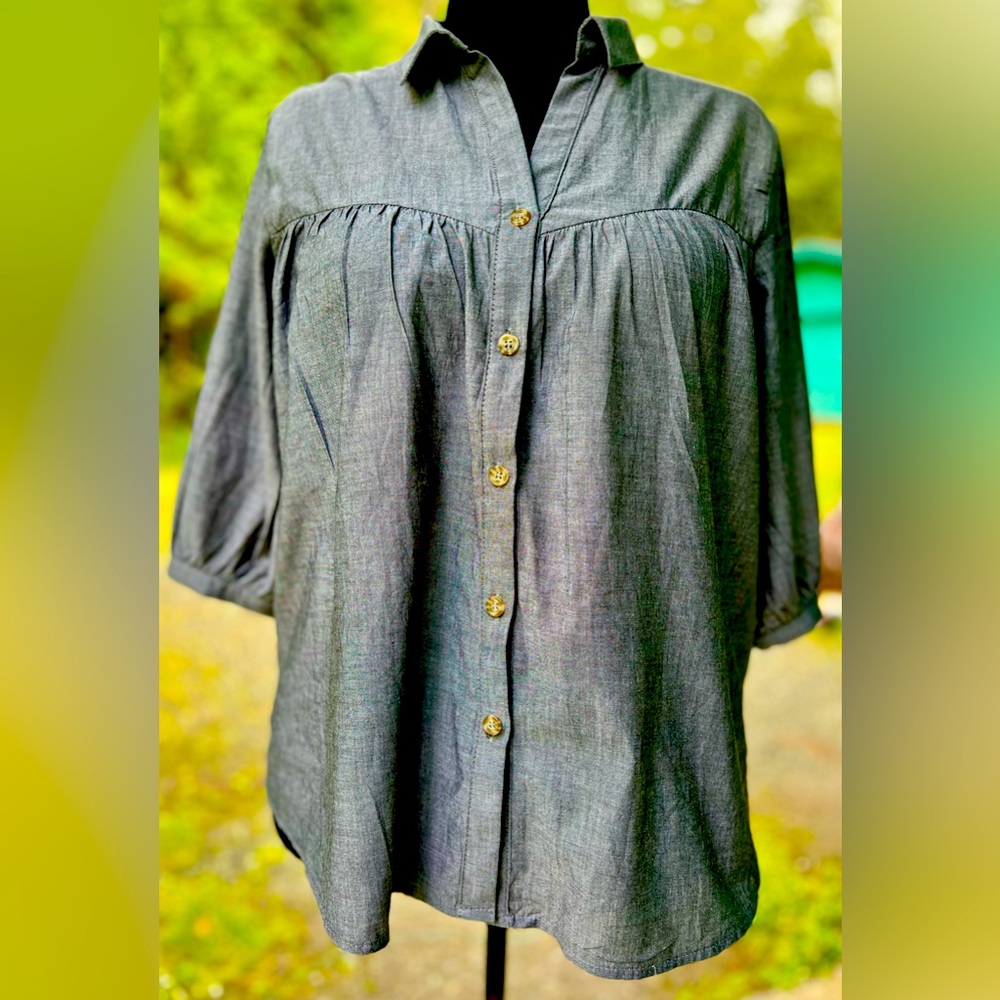 100% Cotton Gray NY Collection Blouse Size 1x 3/4 Sleeve